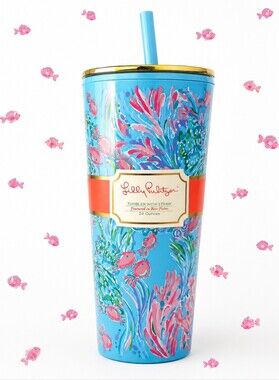 Lilly Pulitzer Blue Floral Travel Tumbler with Pink & Green Accents